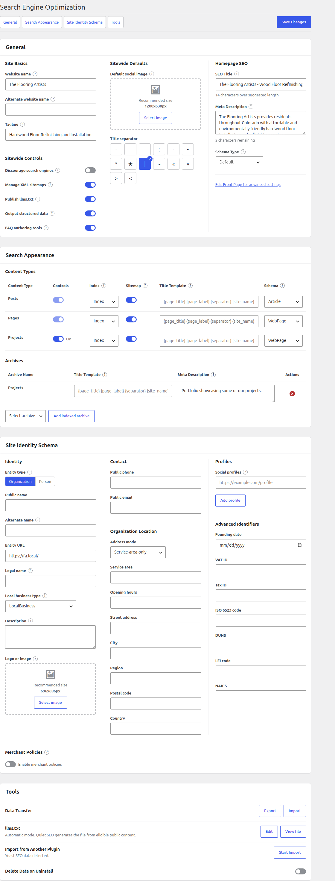 Quiet SEO settings screen with search appearance, site identity schema, and tools